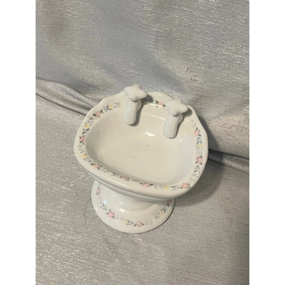Vintage Ceramic Pedestal Sink Soap Dish Floral Miniature Trinket Bowl White